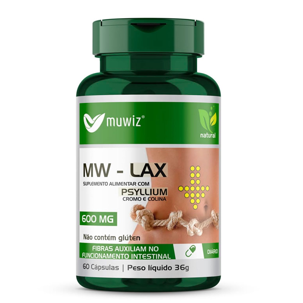 Suplemento MW-LAX Muwiz c/ Psyllium e Fibras 500mg 60 Cápsulas (Auxilia o Intestino) - Produto Original