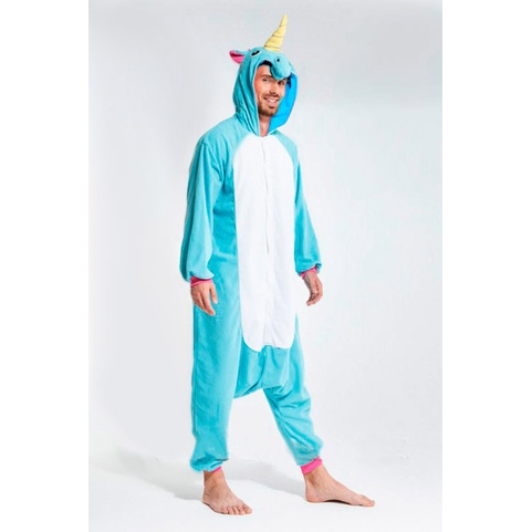 Pijama Masculino Unicórnio Longo Macacão Kigurumi Linha Noite Azul