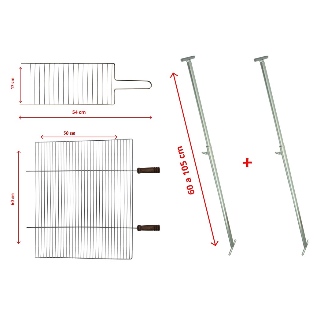 Kit Churrasqueira Grelha Grande + Grelha Dupla Reta Pequena + Suporte Extensor Ajustável 5003/5101U/5501