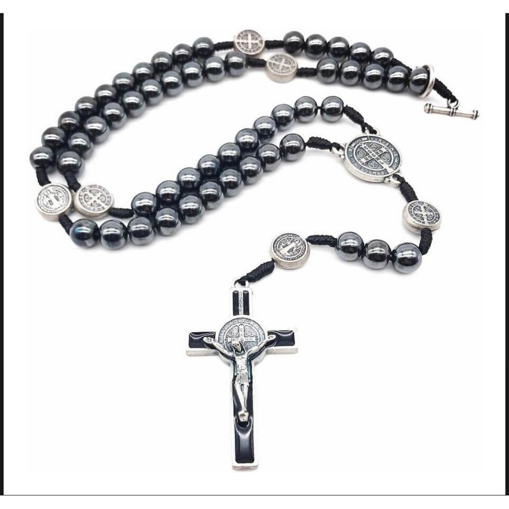 Crucifixo De Pescoço Colar Terço Hematita São Bento Cordão