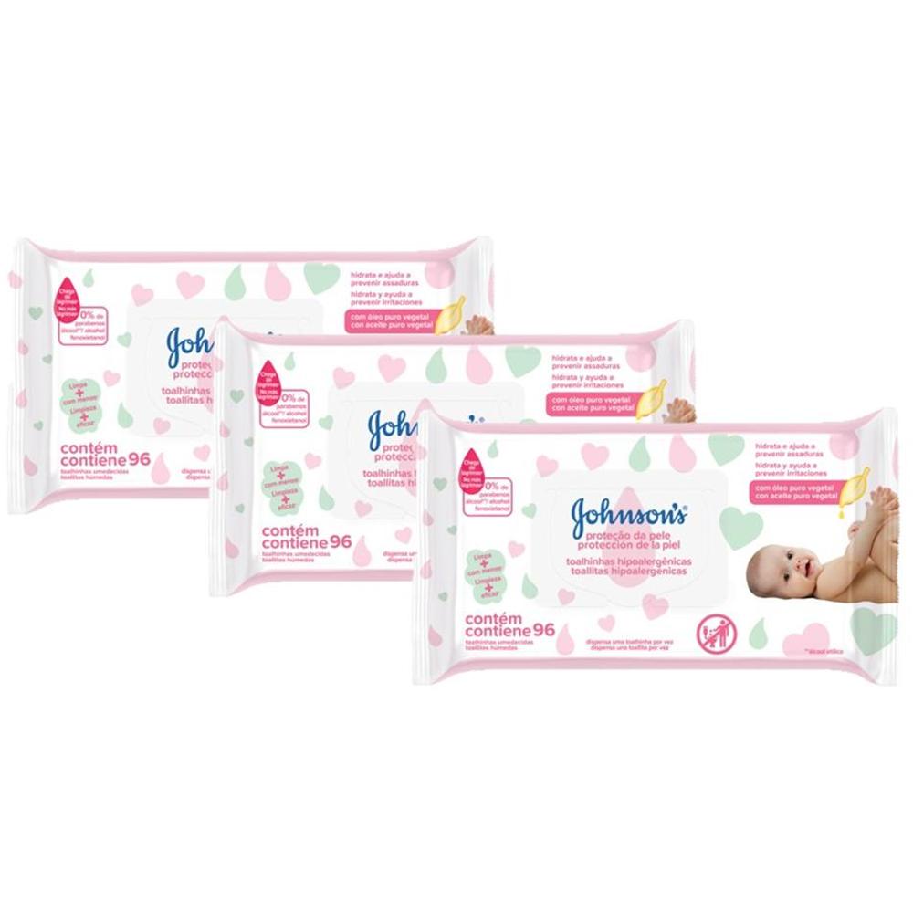 Kit com 3 Lenços Umedecidas Johnson's Baby Proteção da Pele 96un cada em Oferta na Shopee