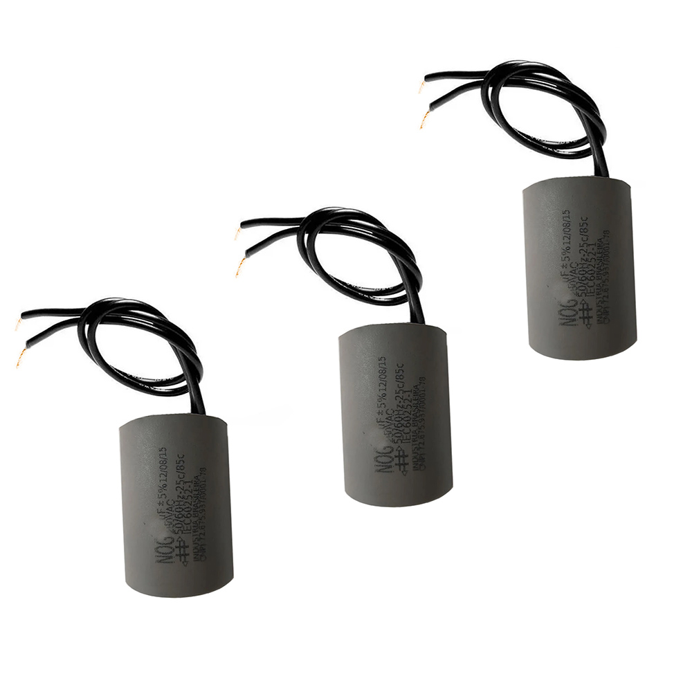 Kit 3 Capacitores 2Fios Metalizados p/Motor 55UF 250VAC MVM