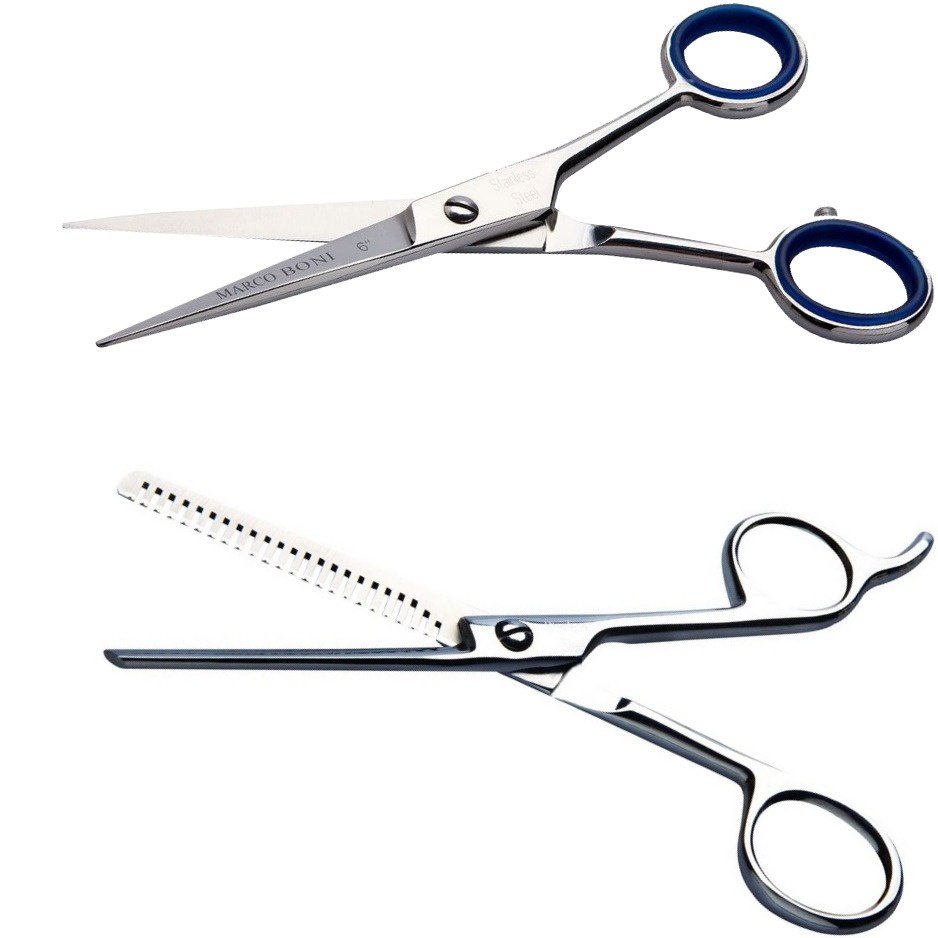Kit Tesoura Cabelo Profissional Fio Navalha 6" + Desfiadeira Dentada 6" e Pente Carbono Marco Boni + Pente de Corte em Carbono