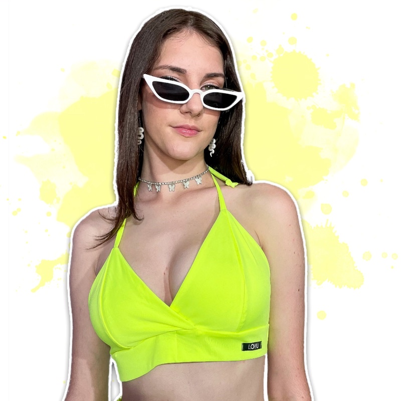 Cropped Top Amarelo Neon Alça Fina Brenda Sem Bojo Bikini Triângulo Amarelo Decotado Plussize Limão
