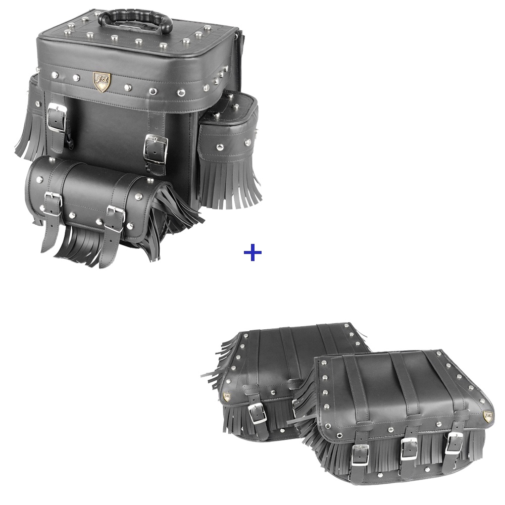 Kit Viagem Alforge Traseiro 29 Litros em Couro Sintético C/ Cravos e Franjas + Alforge Lateral 3F 25 Litros em Couro Sintético C/ Cravos e Franjas
