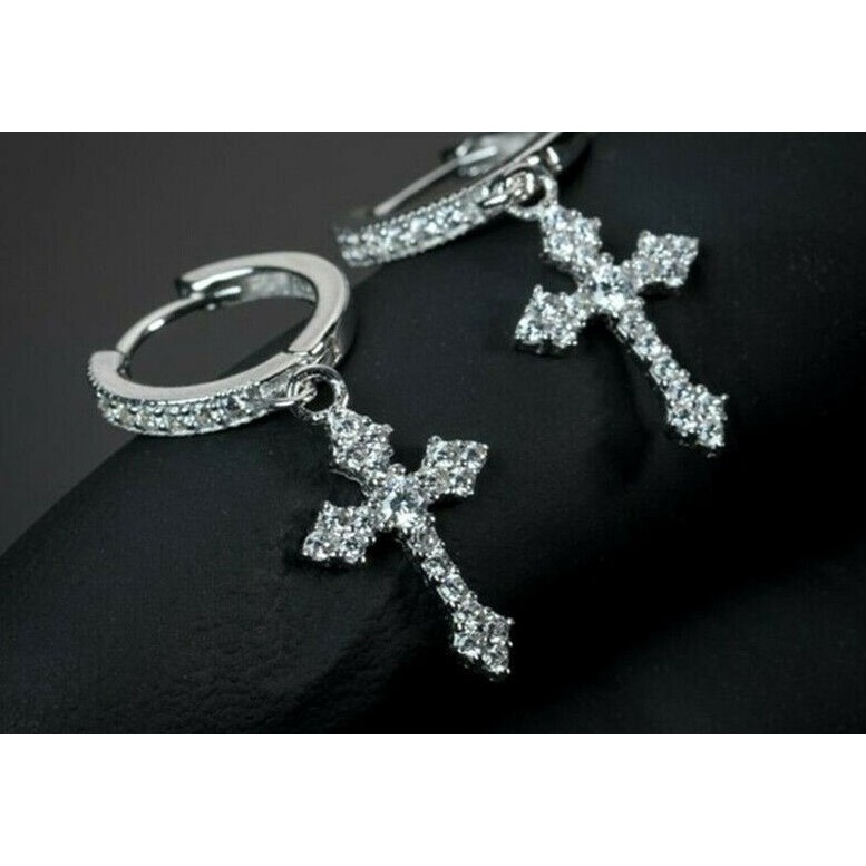 Brinco Masculino Cruz Cravejado Argola Brilhante Strass Prateado Moda - Par - C1