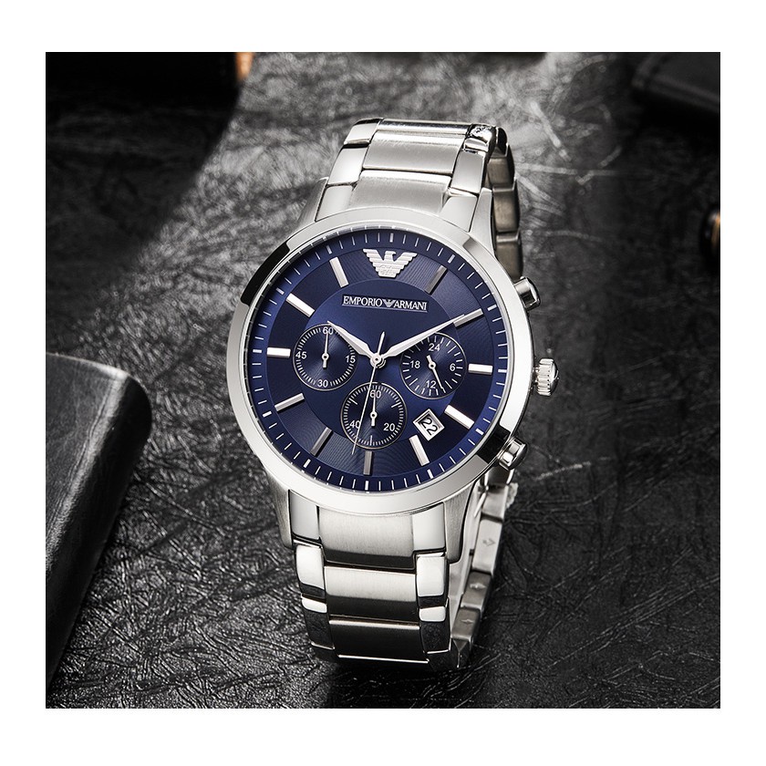 Relógio Original Emporio Armani Clássico Masculino Com Discador Azul E Aço/Jam Tangan Lelaki