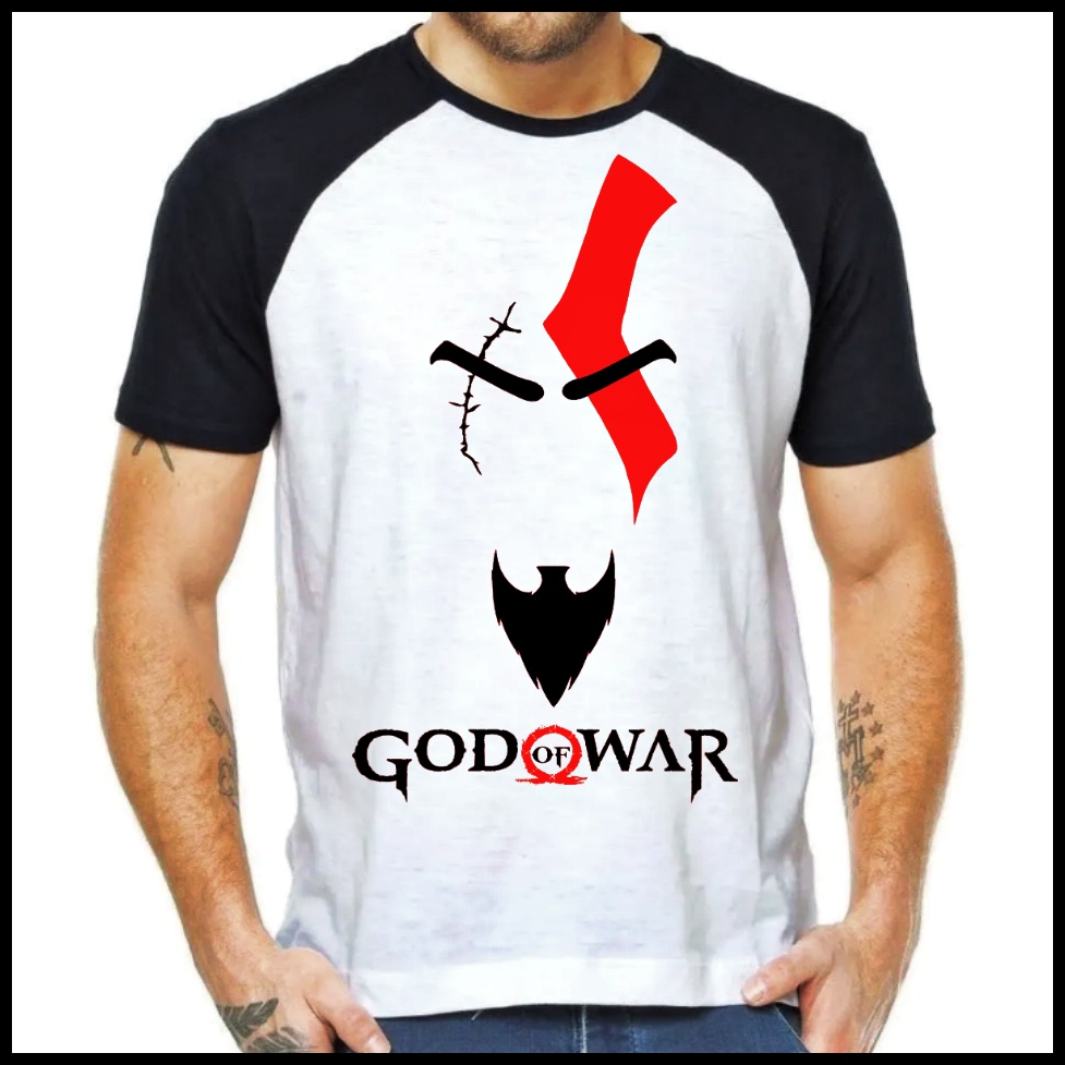 Camiseta God of War Kratos Branca com Preto Manga Curta Blusa Raglan