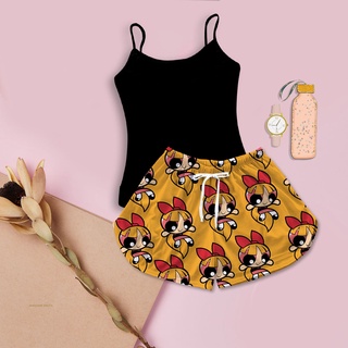 Pijama Feminino Baby Doll Blusa Preta Meninas Super Poderosas Laranja