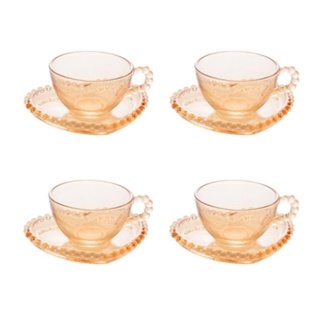 Conj 4 Xícaras Chá C/ Pires Coração Pearl Bolinhas Âmbar 180ml Wolff