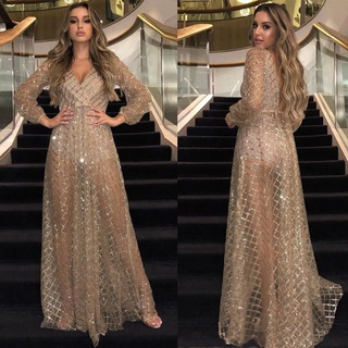 Vestido Longo Feminino Elegante De Manga Comprida Com Costas Abertas Decote Em V Para Festa/Casamento