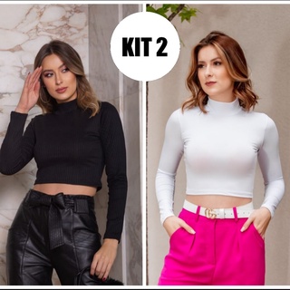 KIT 2: Cropped Manga Longa Gola Alta Preto Canelado Branco Suplex Preto Suplex
