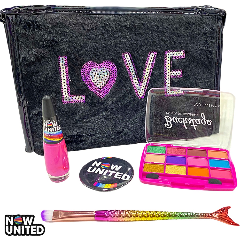 Presente Adolescente Teen Estojo de Maquiagem com Necessaire + Pincel + Esmalte Now United (Impala) Presente Perfeito Amiga Aniversário Amigo Secreto Presente Natal Linda Necessaire de Paetê