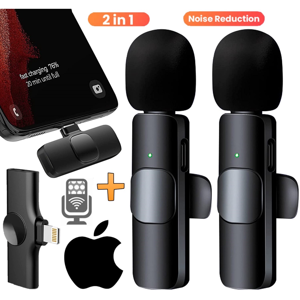 Microfone de Lapela Duplo Sem Fio Profissional 2 em 1 Wireless iPhone iPad Ios Smartphone Gravar Vídeo Podcast Youtubers
