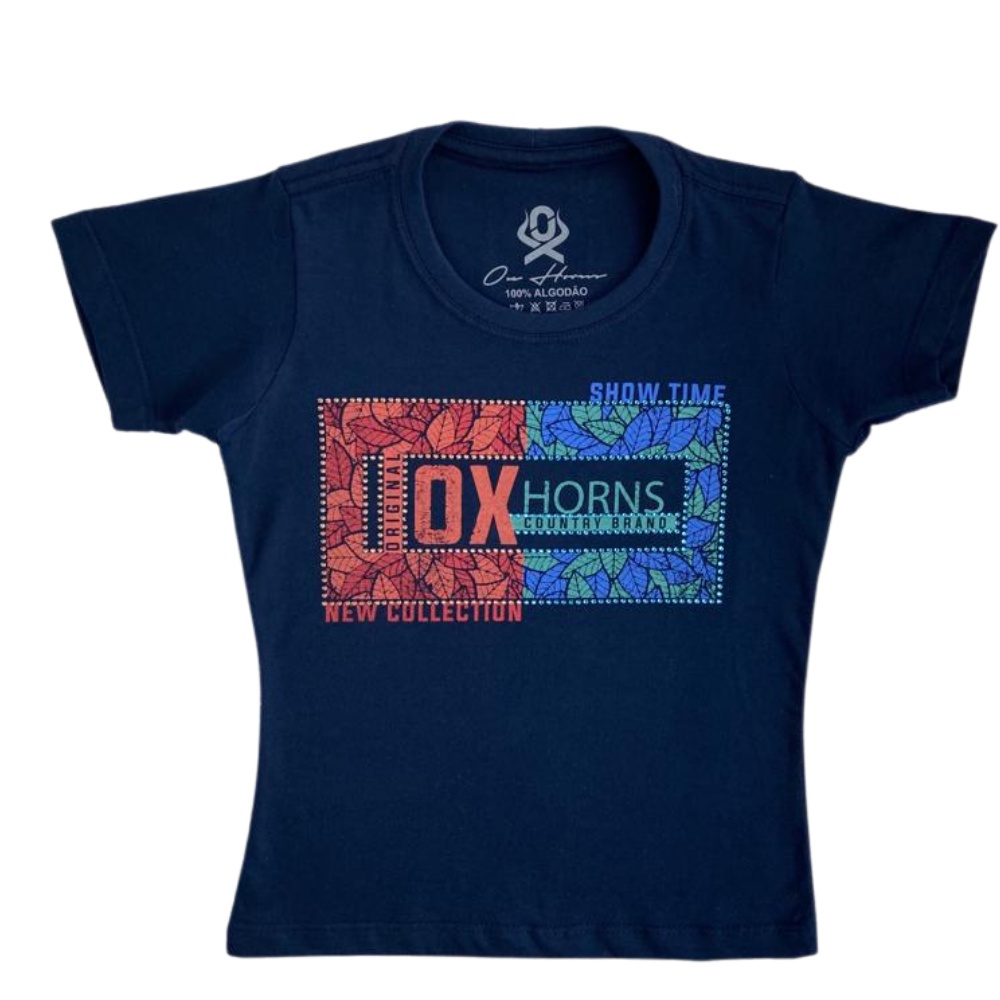 Camiseta 100% Algodão Manga Curta Infantil Unissex Ox Horns Azul Marinho Estampada Bordada Com Strass