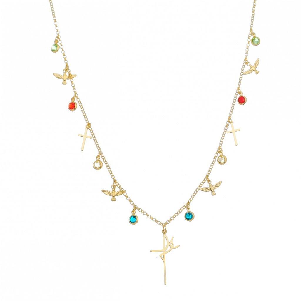 Colar Semijoia Cordão de Ouro Banhado Corrente Não é Bijuteria Colares Femininos Gargantilha Garantia Colar Fé Espírito Santo e Zircônias Coloridas