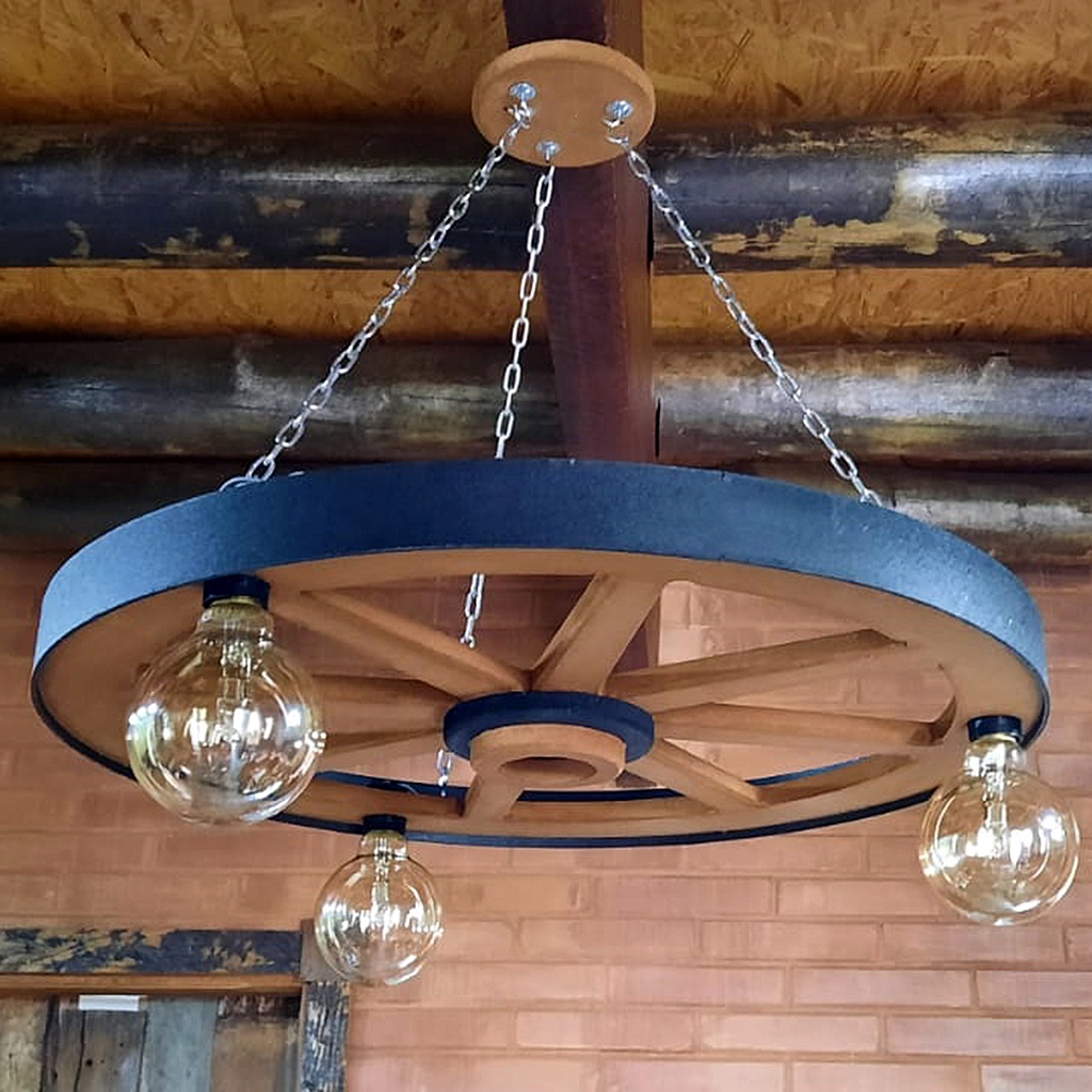 Luminária Roda De Carroça 3 Bocais 50 Cm Diâmetro 110 220 V
