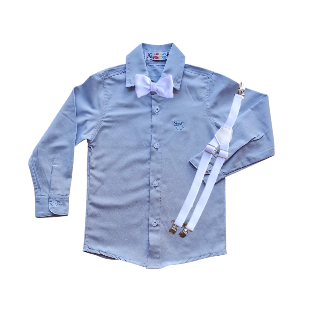 Roupa Infantil Masculina Batizado Camisa Social Manga Longa Cores + Kit Suspensório com Gravata Borboleta