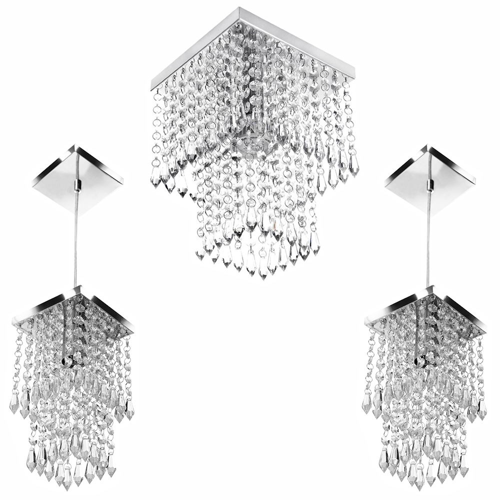 Kit 1 Lustre Cristal Acr. Marrycrillic + 2 Pendentes Spark