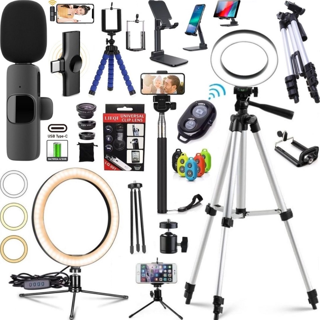Kit Filmagem no Celular Tripé Luz Led Microfone Sem Fio Profissional Lentes Pau Selfie 10pçs