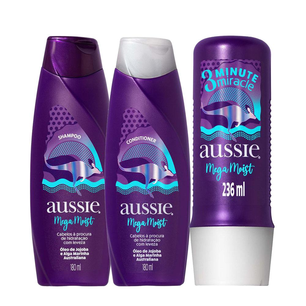 Kit Shampoo + Condicionador Aussie Mega Moist 180ml + Tratamento 3 Minute 236ml em Oferta na Shopee