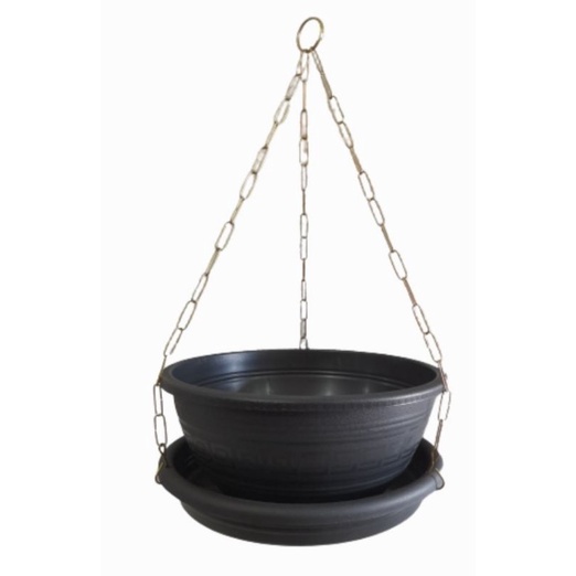 kit 5 vasos para plantas suspensas, pretos, grandes 31cm, 6,6L com pratos e correntes fixadas