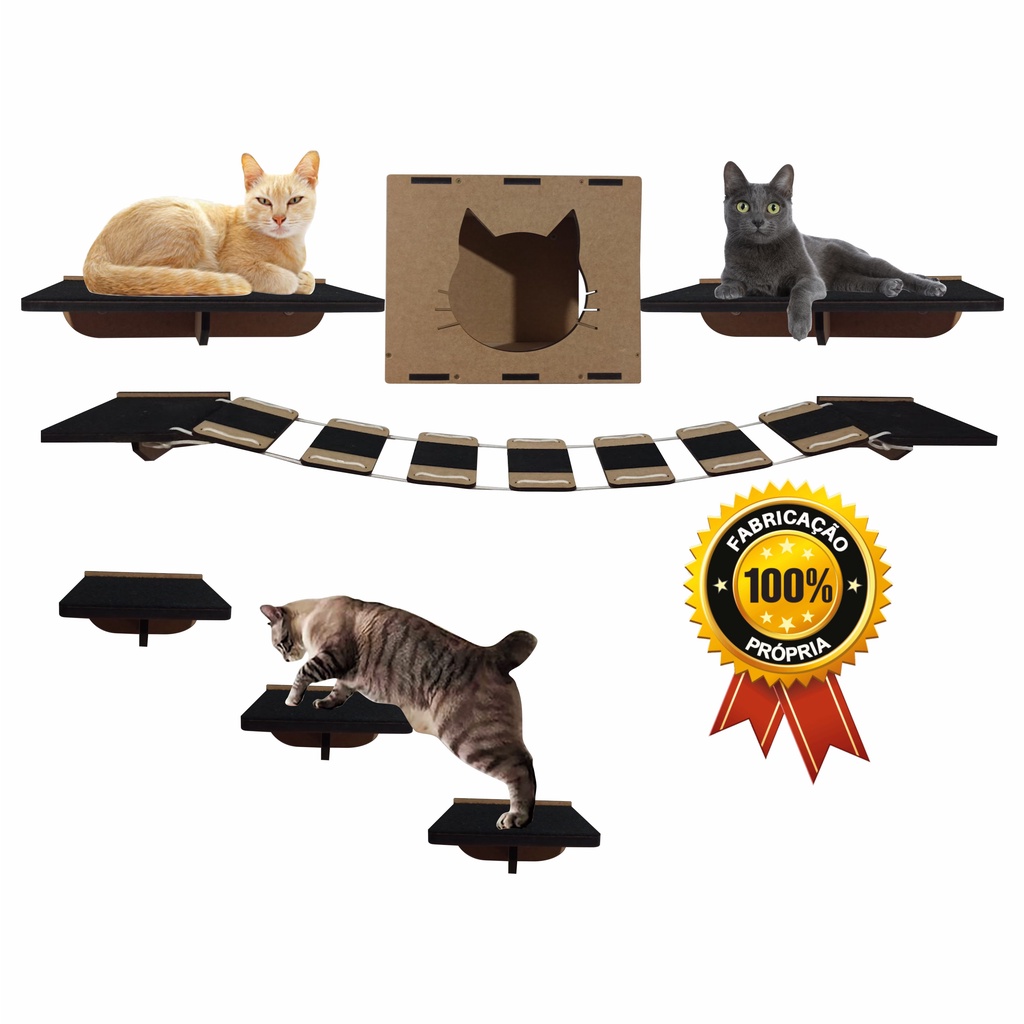 Kit Playground Para Gatos MDF Mm Toca Nicho Caixa Cama Ponte Escada E Prateleira De