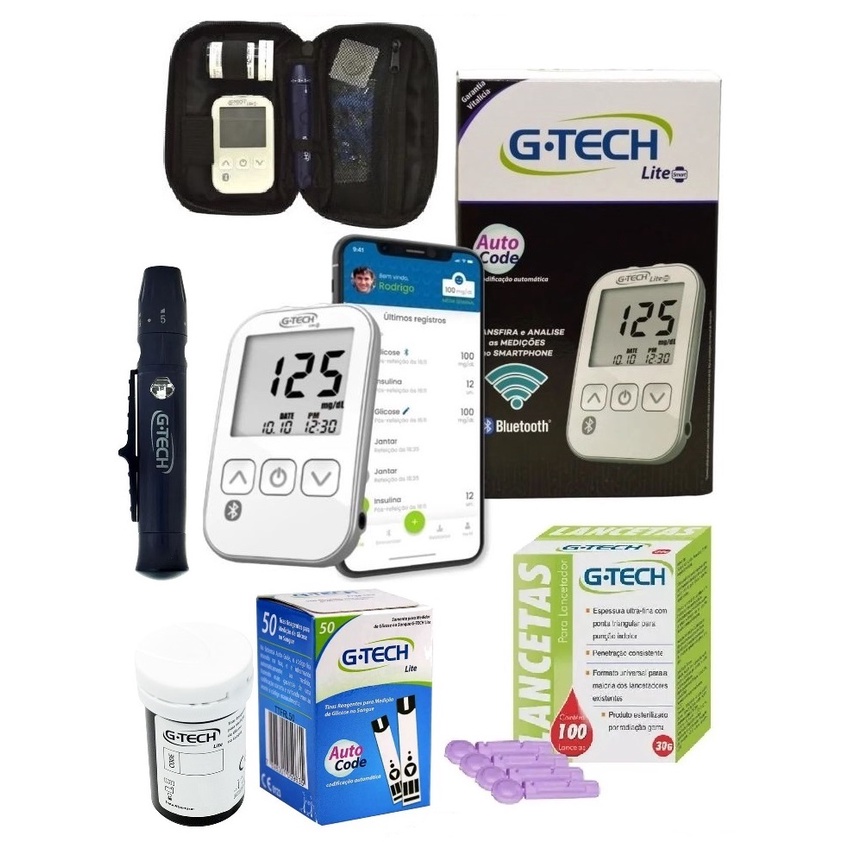 Kit Aparelho Medidor de Glicose Glicemia Diabetes Glicosímetro Completo Gtech Lite Smart Bluetooth 60 Tiras + 110 Lancetas