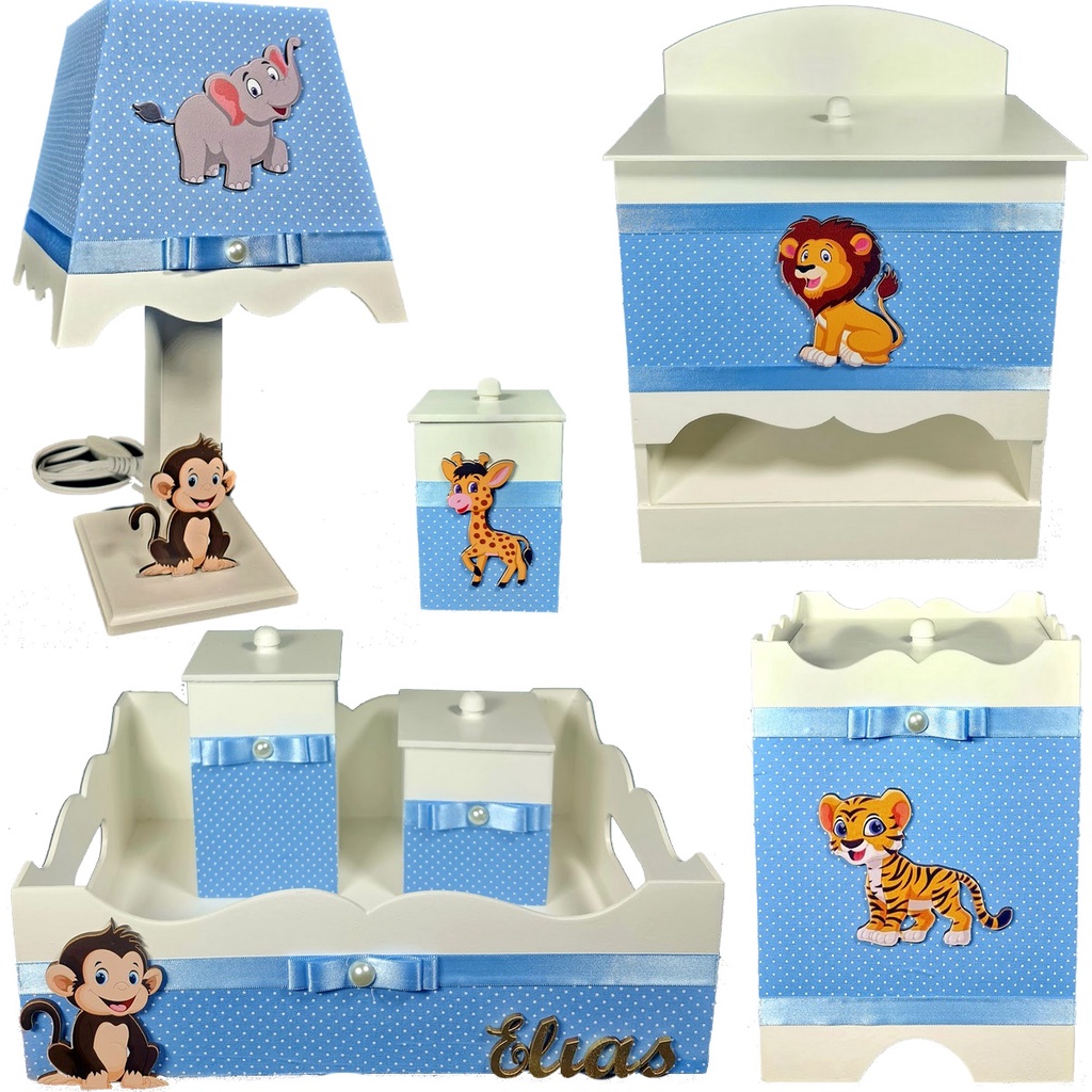 Kit Bebê Decorado 7 Pçs + 1 Nome - Safari Azul Bb De Bolinhas