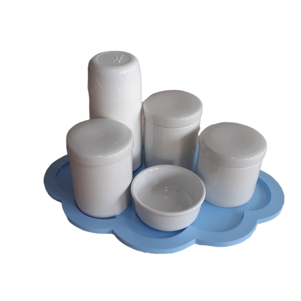 Kit Higiene Bebê Porcelana Branca Potes com Tampa Saboneteira  Bandeja Nuvem azul  menino porta algodão cotonete