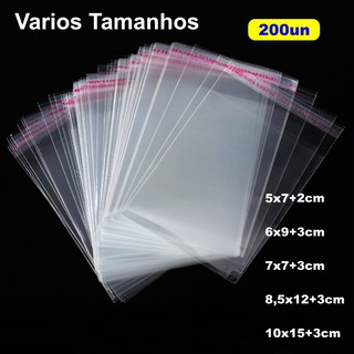 200UN Saquinho Transparente Com Adesivo Aba saco adesivado Cristal 5x7 6x9 7x7 8,5x12 10x15