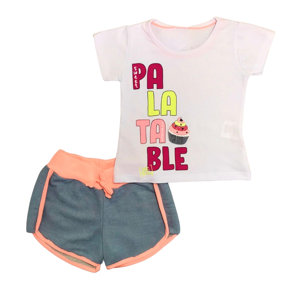 Conjunto Infantil feminino blusa cotton e short moletinho 1-2-3