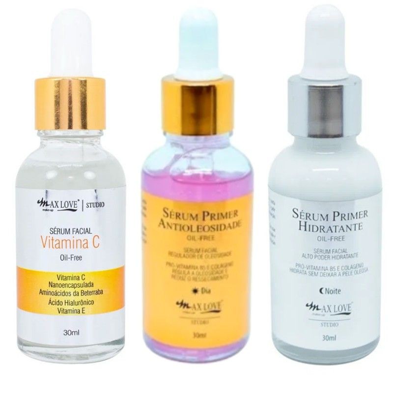 Kit 3 Sérum Facial Max Love - Original - Sérum Facial Vitamina C + Sérum Primer Antioleosidade Dia + Sérum Primer Hidratante Noite - Todos Oil Free - Serum Facial - Serum Acido Hialuronico - Para Anti idade - Anti oleosidade - Cuidados com a pele e rosto