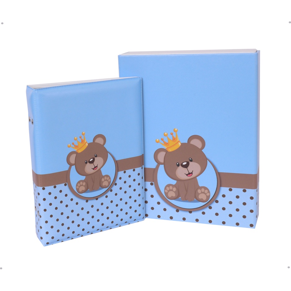 Estojo Imantado com Álbum para 100 Fotos 15x21 - URSINHO PRÍNCIPE Bebê Menino Urso Rei Coroa Azul Newborn