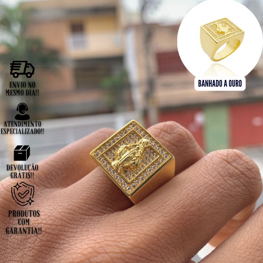 Anel Dedeira Masculina Nossa Senhora das Graças Cravejada Em Relevo Banhado A Ouro 24k