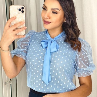 blusa social , elegante com laço/gravata, mangas e frente de tule poá
