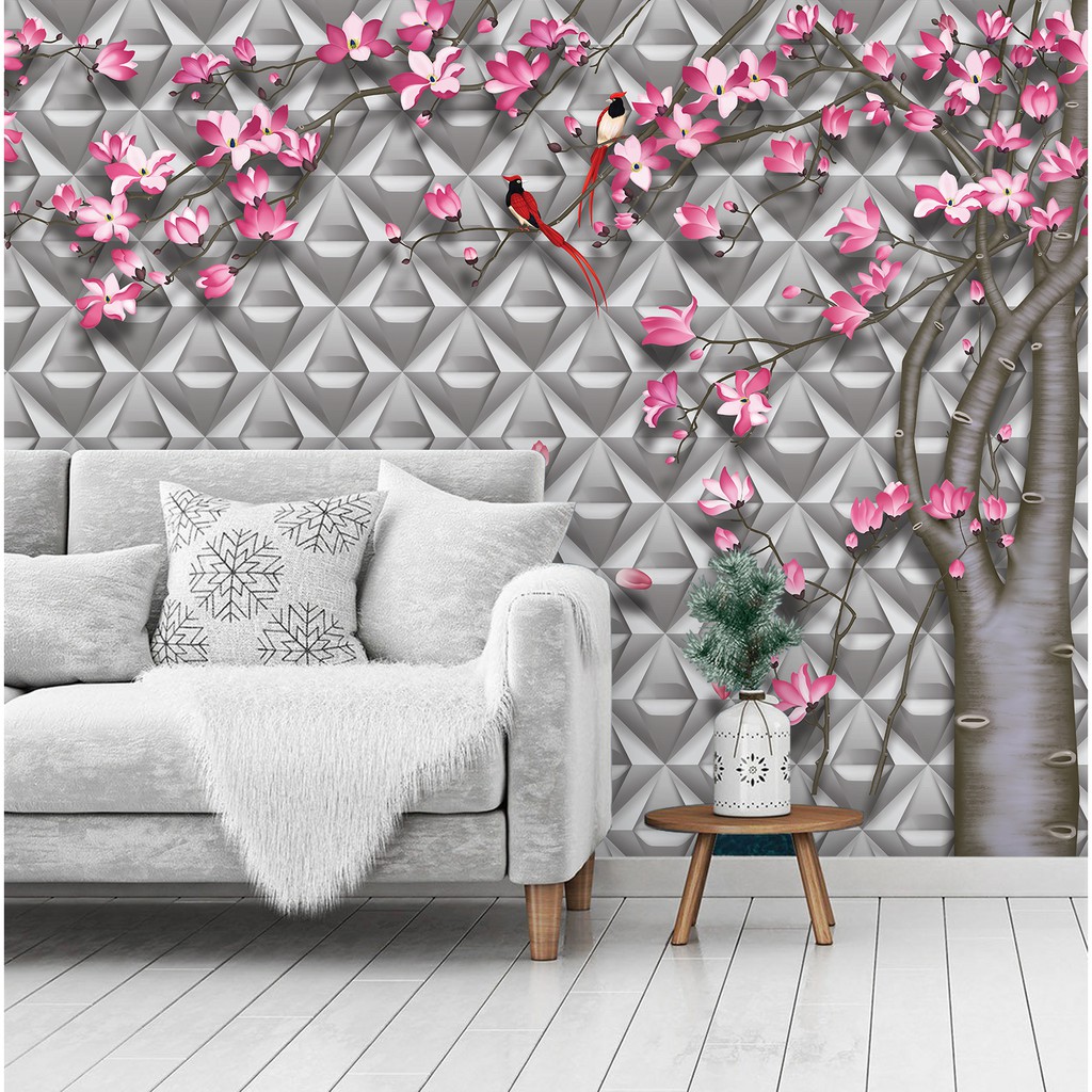 Papel de Parede Adesivo Autocolante Design 3D Cinza Árvore de Flores da Decoração de Quarto e Sala Sob Medidas
