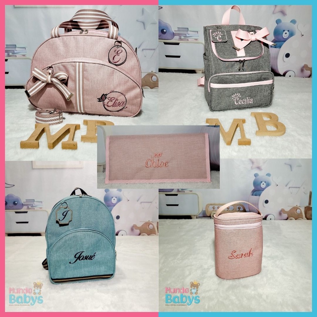 Kit maternidade personalizado bolsa G + mochila G e M + porta mamadeira + trocador + nome bordado + laço e chaveiro