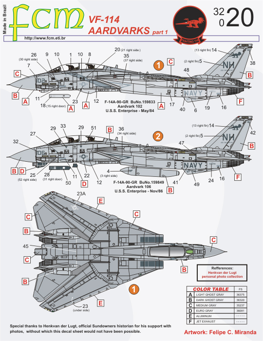 Decalque F-14 Tomcat Aardvarks 1/32 FCM 32020 Plastimodelismo - Petrohobby
