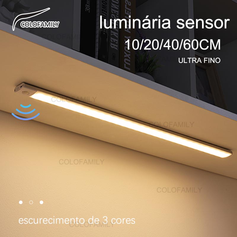 3 Cores - Luminária LED com USB Recarregável e sensor de presença de Movimento 60CM