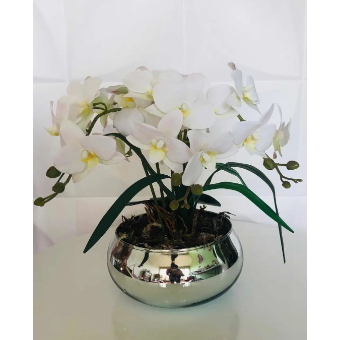 Promoção!!! Arranjo De Orquídeas Permanentes Com Vaso Cromado | Shopee  Brasil