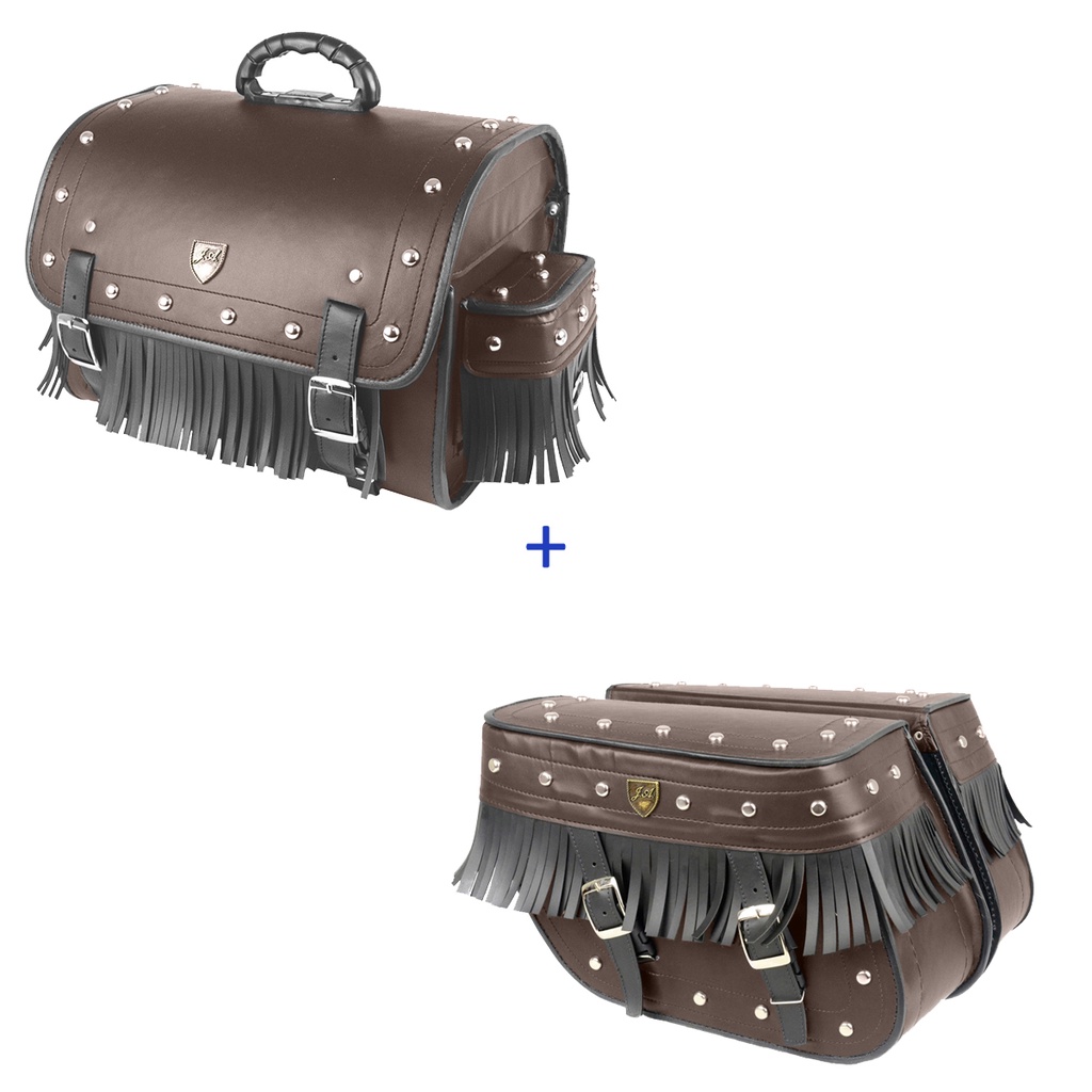 Kit Viagem Alforge Traseiro 35 Litros em Couro Sintético Marrom C/ Cravos e Franjas + Alforge Lateral Losango 32 Litros em Couro Sintético Marrom C/ Cravos e Franjas