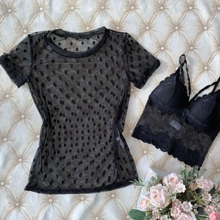 KIT 1 Blusa Tule poa preta + 1 Top preto Tiras Preto Kit Conjunto Feminino Look Completo