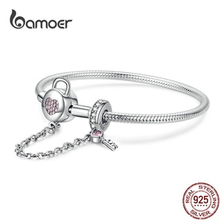 Bamoer Cobra Prata Pulseiras 925 Sterling Silver Rosa Cz Bloqueio Coração E Chave Cadeia De Segurança Charme Para As Mulheres Presente Scb143
