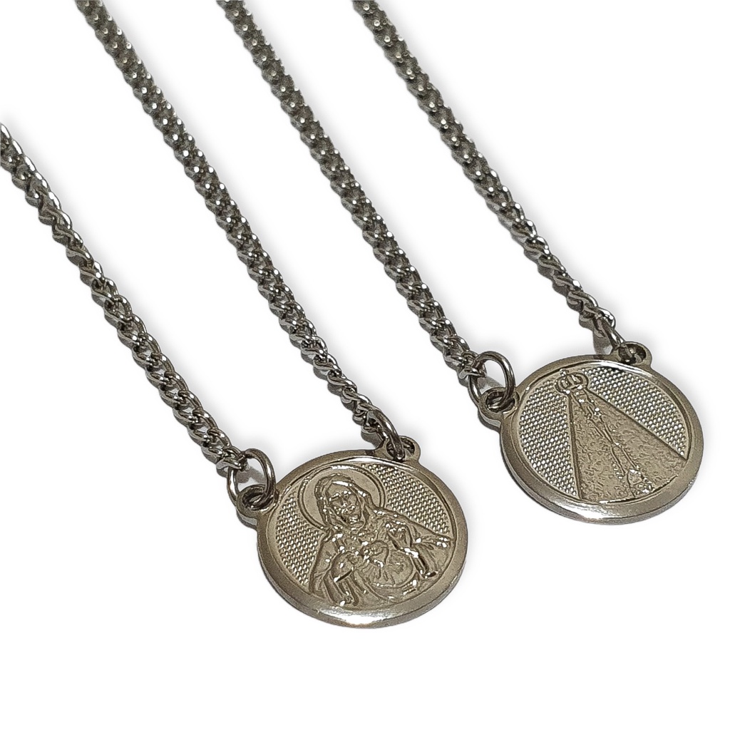 Escapulário De Pescoço Em Aço Inox Da Nossa Senhora Aparecida E Coração De Jesus Corrente Escapulario Inoxidavel Redondo