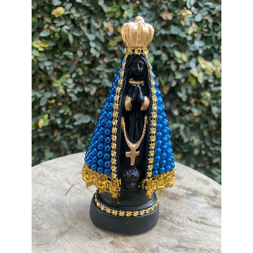 Imagem Nossa Senhora Aparecida 15cm Trabalhada com Pérola Azul - FEITA PARA VOCÊ!