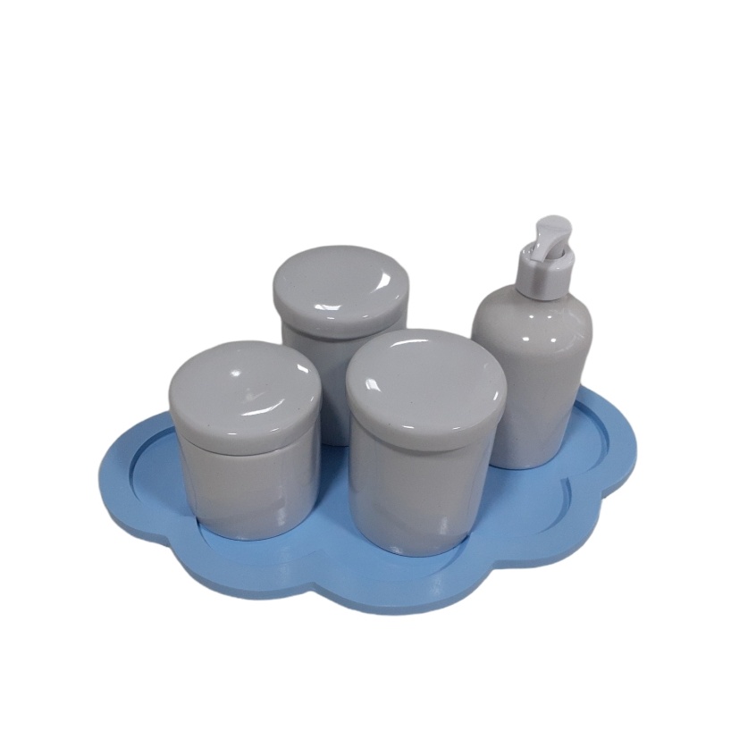 Kit Higiene Bebê Porcelana Branca com Tampa Saboneteira Liquida Bandeja Nuvem azul maternidade menino porta algodão cotonete