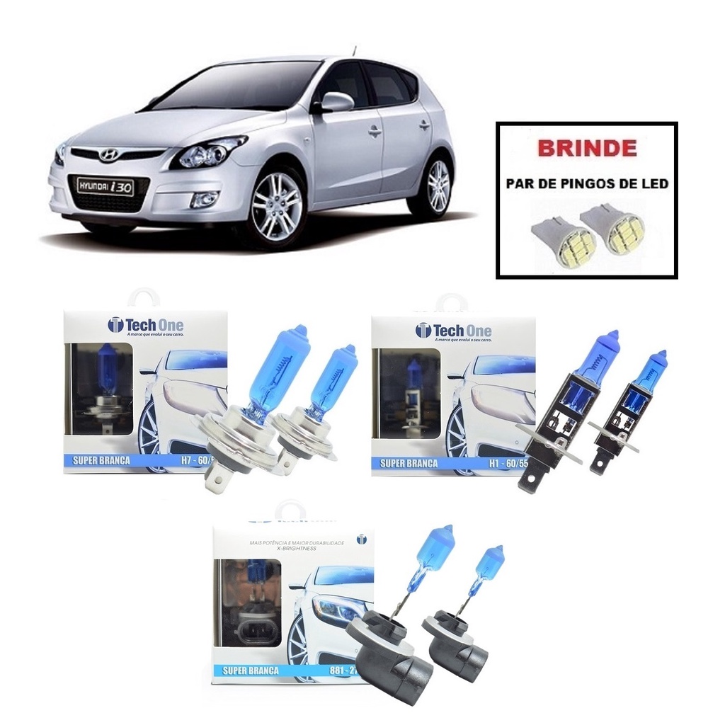 Kit 6 Lampadas Super Brancas para Farol Alto / Baixo e Milha Modelo H7 / H1 e H27  para Hyundai I30 ano 2008  a 2013