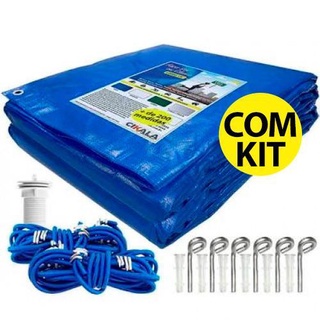 Capa de Piscina Azul CK300 8x5.5 Metros com Ilhós a cada Metro + Kit para Instalação