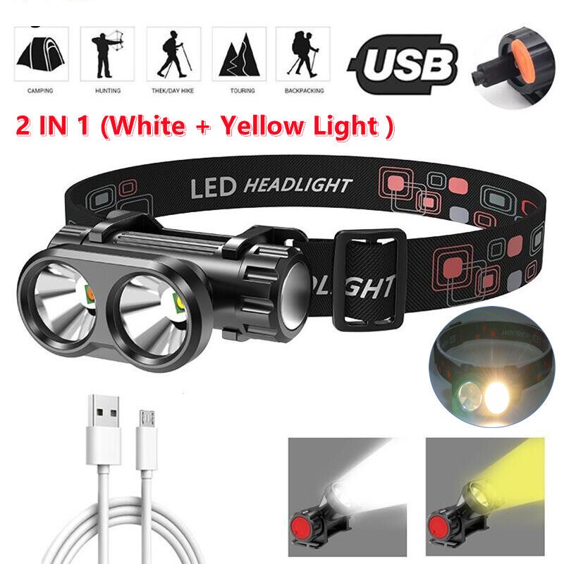 2 Em 1 Mini Lâmpada De Cabeça Recarregável Lanterna led À Prova De Água Super Brilhante Pesca Emergência